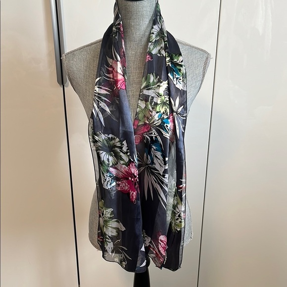 Accessories - NWOT Pink Floral Patterned Black Striped Scarf Silk Feel, 59x13 inch